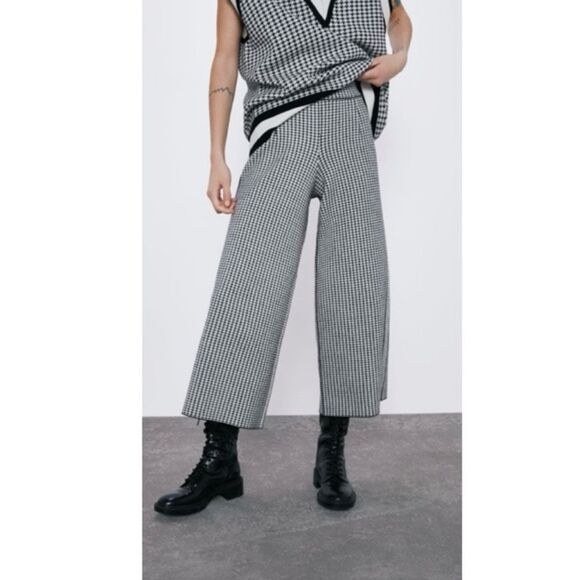 Zara black & white houndstooth knit wide leg cropped pants women’s size large - Picture 1 of 10